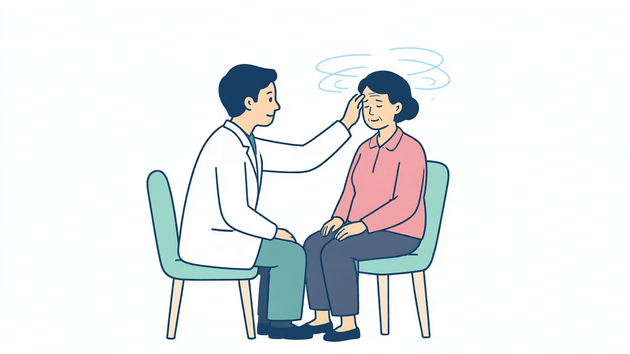 Bác sĩ ngồi đối diện người bệnh lớn tuổi đang chóng mặt, vài nét xoáy quanh đầu